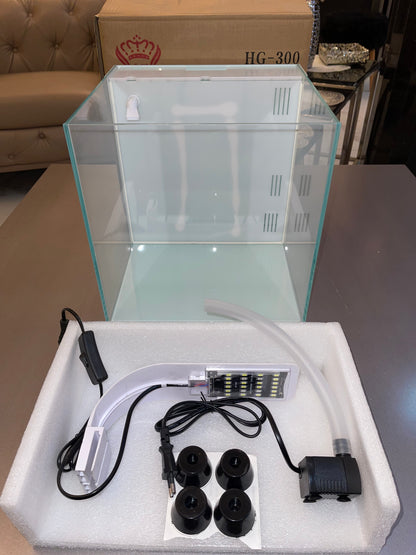 Mini Aquarium de Luxe Blanc 30cm – Verre Ultra-White (Pack Complet Sump + Pompe + LED)